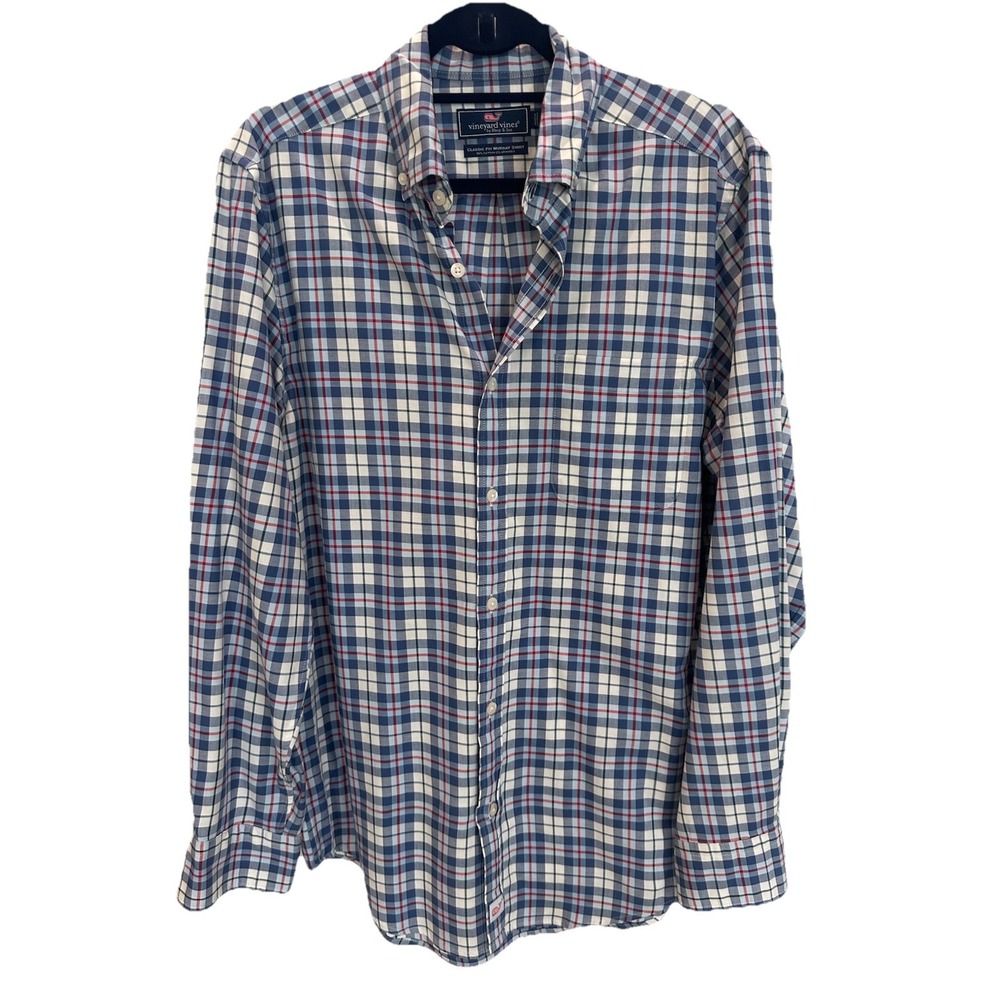 Vineyard Vines Mens Shirt Small Red White Blue Plaid Classic Fit Murray Pocket